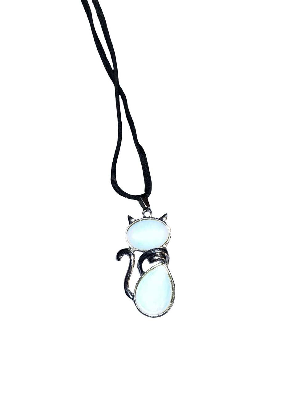 Opalite Glass Sitting Cat Pendant Necklace on Black Adjustable Cord